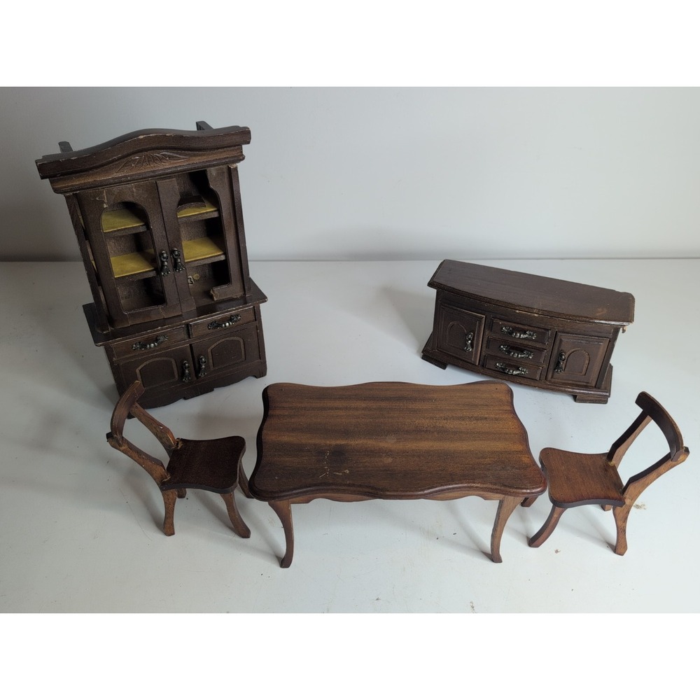 Vtg Hand Made 5 Piece Furniture Set Mahogany Barbie Doll Scale Wooden Dining